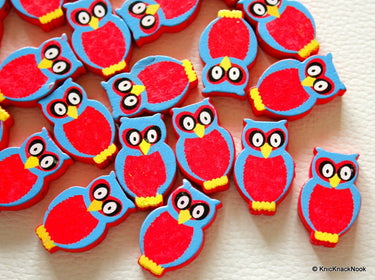 Red And Blue Owl Wood Beads x 10